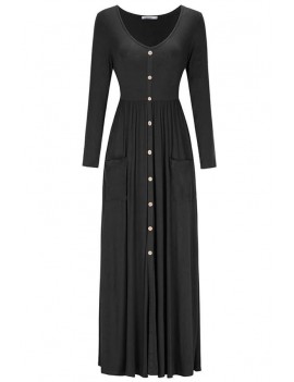 Black V Neck Button Up Long Sleeve Pocket Casual Maxi Dress
