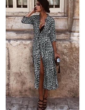 Black-leopard Long Sleeve Lapel Button Apparel Maxi Shirt Dress