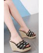 Imitation Pearl Open Toe Woven Wedge Mules