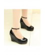 Faux Patent Leather Pure Color Buckle Strap Wedges