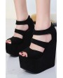 Black Peep Toe Faux Leather Zipper Platform Wedge Sandals