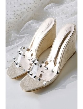 Studded Clear Open Toe Wedge Mules