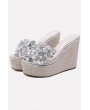 Silver Flower Imitation Pearl Detail Clear Woven Wedge Mules