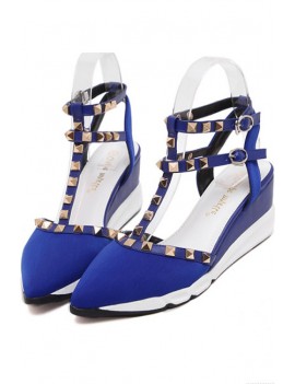 Blue Studded Pointed Toe T Strap Wedges