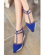Blue Studded Pointed Toe T Strap Wedges