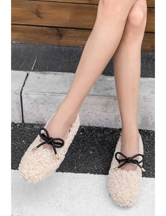 Apricot Faux Fur Tied Round Toe Flats