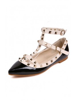 Black Faux Leather Studded Pointed Toe Flats