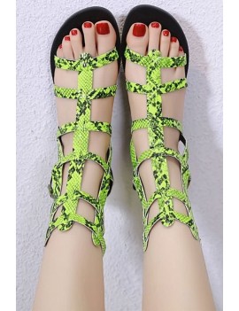Neon Green Snakeskin Strappy Cutout Buckle Up Gladiator Sandals