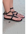 Black Strappy Ankle Strap Thong Flat Sandals