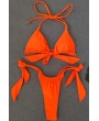 Orange Halter Ruched Triangle High Cut Brazilian Thong Swimwear