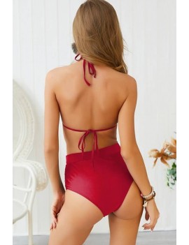 Dark-red Halter Rhinestone Mesh Splicing Triangle Apparel Swimwear