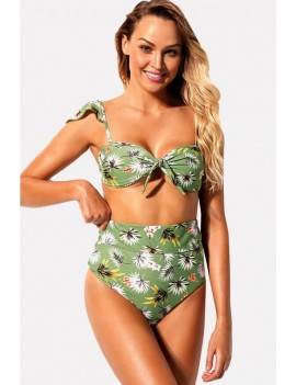 Green Leaf Cap Sleeve High Waist Apparel Swimwear Swimsuit