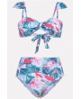 Teal Leaf Print Knotted Tied Back High Waist Apparel Swimwear