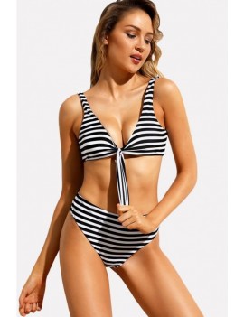 Black-stripe Knotted Padded High Waist Apparel Swimwear Swimsuit