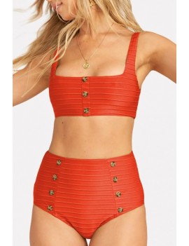 Red Button Decor Square Neck High Waist Padded Apparel Swimwear