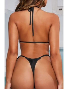 Black Halter Ruched Triangle High Cut Brazilian Thong Swimwear