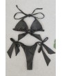 Black Halter Ruched Triangle High Cut Brazilian Thong Swimwear