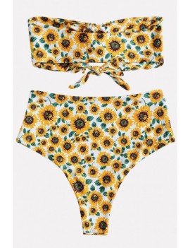 Yellow Sunflower Print Knotted Bandeau Cheeky Apparel Swimwear Swimsuit