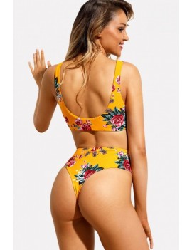 Orange Floral Print Knotted Padded High Waist Apparel Swimwear Swimsuit