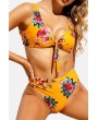Orange Floral Print Knotted Padded High Waist Apparel Swimwear Swimsuit