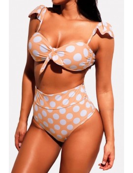 Light-brown Polka Dot Cap Sleeve High Waist Vintage Swimwear Swimsuit