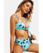 Light-blue Floral Print Knotted Padded High Waist Apparel Swimwear Swimsuit