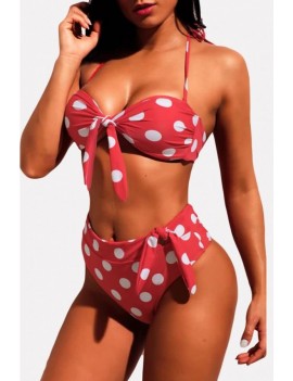 Red Polka Dot Halter Knotted High Cut Apparel Swimwear