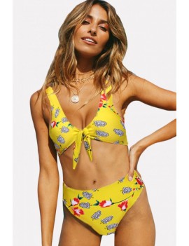 Yellow Floral Print Knotted Padded High Waist Apparel Swimwear Swimsuit