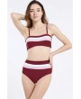Dark-red Color Block Padded High Waist Apparel Swimwear Swimsuit