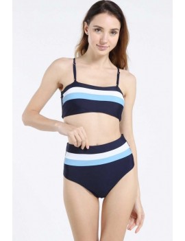 Dark-blue Color Block Padded High Waist Apparel Swimwear Swimsuit