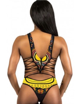 Black High Neck African Tribal Print Strappy Caged High Cut Apparel Cheeky One Piece Swimsuit