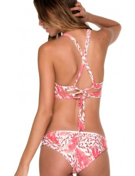 Pink High Neck Graphic Print Strappy Lace Up Back Apparel Two Piece Crop Top Swimwear Swimsuit