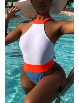 White Color Block High Neck High Cut Thong Apparel One Piece Swimsuit