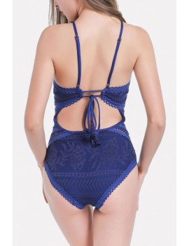 Blue Lace Crochet High Neck Padded Apparel One Piece Swimsuit