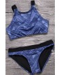 Dark Blue High Neck Geometric Print Strappy Cutout Lace Up Back Apparel Two Piece Crop Top Swimwear Swimsuit