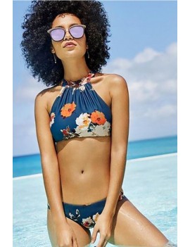 Dark Blue Halter Floral Print High Neck Ruched Cute Two Piece Crop Top Swimwear Swimsuit