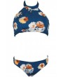 Dark Blue Halter Floral Print High Neck Ruched Cute Two Piece Crop Top Swimwear Swimsuit