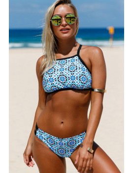 Blue Floral Print High Neck Apparel Two Piece Swimsuit
