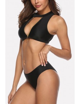 Black Back Cutout Zipper Front Crop Top Apparel Swimwear