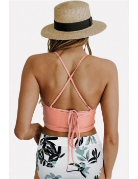 Pink Tropical Leaf Print Back Crisscross High Waist Apparel Swimwear