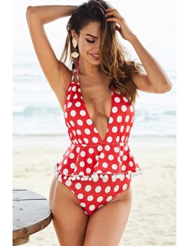 Red Polka Dot Halter Backless Pom Pom Apparel Plus Size Swimsuit