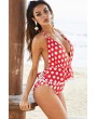 Red Polka Dot Halter Backless Pom Pom Apparel Plus Size Swimsuit