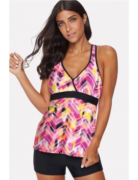 Hot-pink Chevron Print Strappy Back Boyshort Apparel Tankini Swimsuit