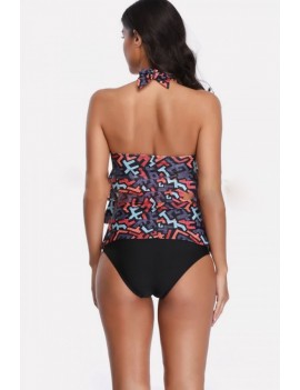 Red Geo Print Halter Layered Ruffles Apparel Tankini Swimsuit