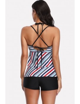 Black Striped Layered Crisscross Boyshort Apparel Tankini Swimsuit