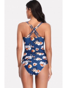 Blue Floral Print Back Crisscross Apparel Tankini Swimsuit