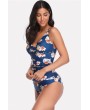 Blue Floral Print Back Crisscross Apparel Tankini Swimsuit