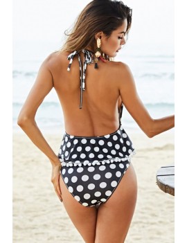 Black Polka Dot Halter Backless Pom Pom Apparel Plus Size Swimsuit