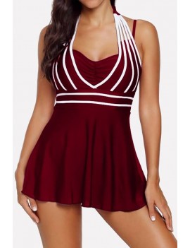 Ruched Contrast Stripe Halter Padded Apparel Tankini