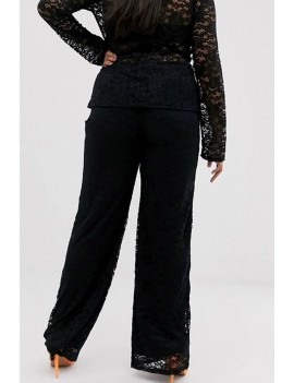 Black Lace Elastic Waist Chic Wide-leg Pants